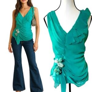 y2k Teal Aqua Blouse‎ Top Ruffle Detail Floral Applique Party top Small EUC